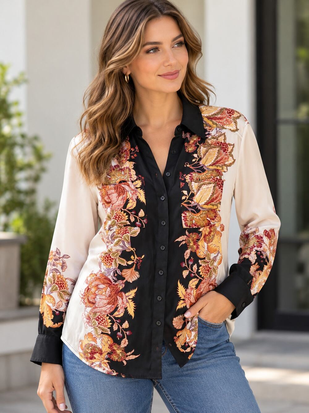 Anthropologie Women’s XS Floral Paisley Button Down Blouse Black Cream